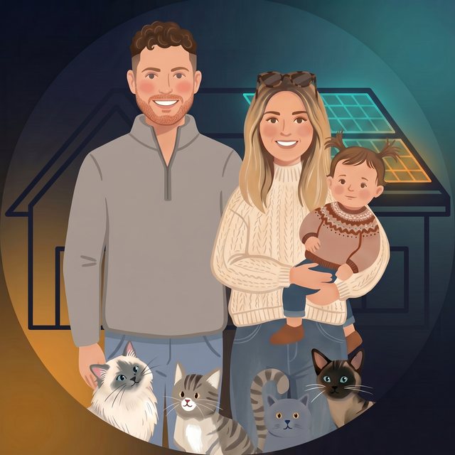 Illustration of Tom, Fran, their daughter and four cats in front of their house with solar panels